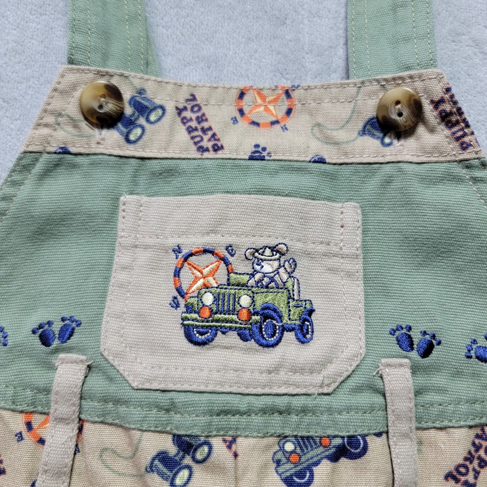 b.t. kids Vintage Puppy Patrol Jeep Shortall Overalls Khaki Green 6-9 Months - Picture 2 of 8